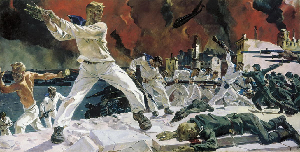 <strong>‘La defensa de
                                Sebastopol’
                                Aleksandr Deyneka
                                (1942)</strong> Retrata
                                simbólicamente la
                                confrontación entre
                                militares invasores y
                                marineros rusos,
                                exaltando el
                                entusiasmo heroico
                                de los últimos.